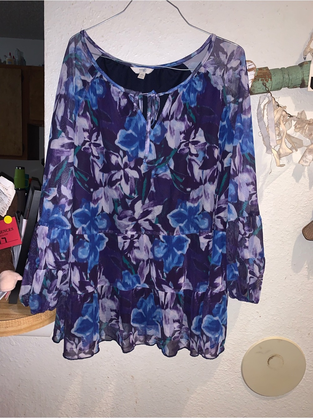 Terra & Sky Sheer Floral Tie-Neck Tunic in Blue and Purple